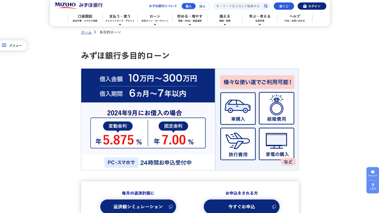 みずほ銀行カードローン公式